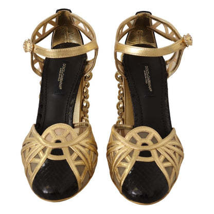 Dolce & Gabbana Black Gold Leather Studded Ankle Straps Shoes