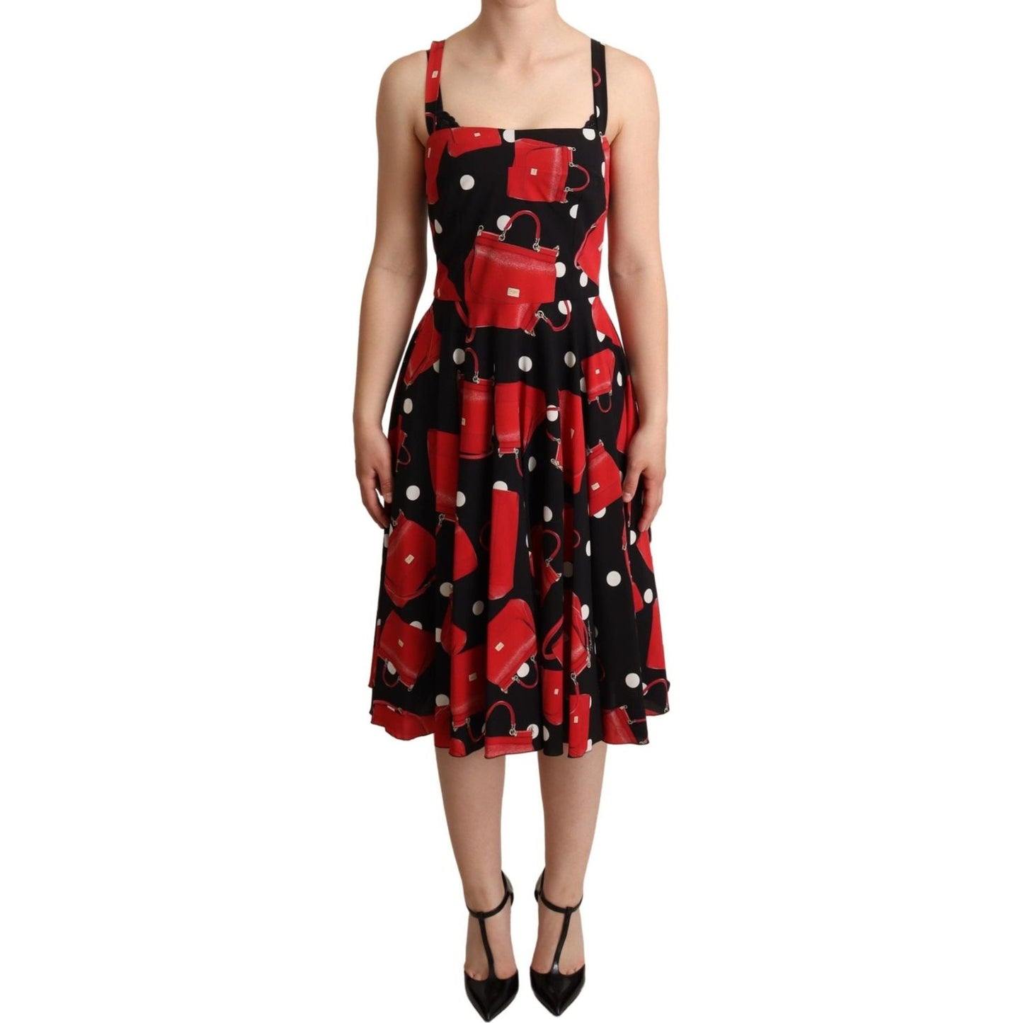 Dolce & Gabbana Black Red Bag Print A-line Mid Length Dress WOMAN DRESSES