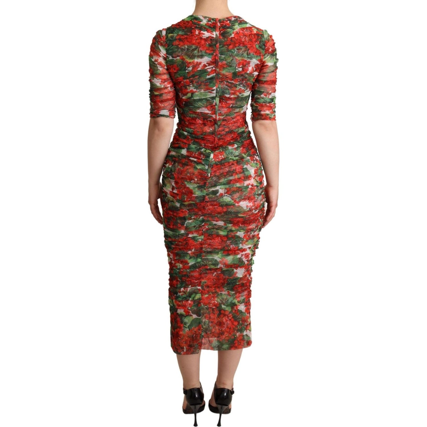 Dolce & Gabbana Red Floral Print Tulle Sheath Midi Dress WOMAN DRESSES