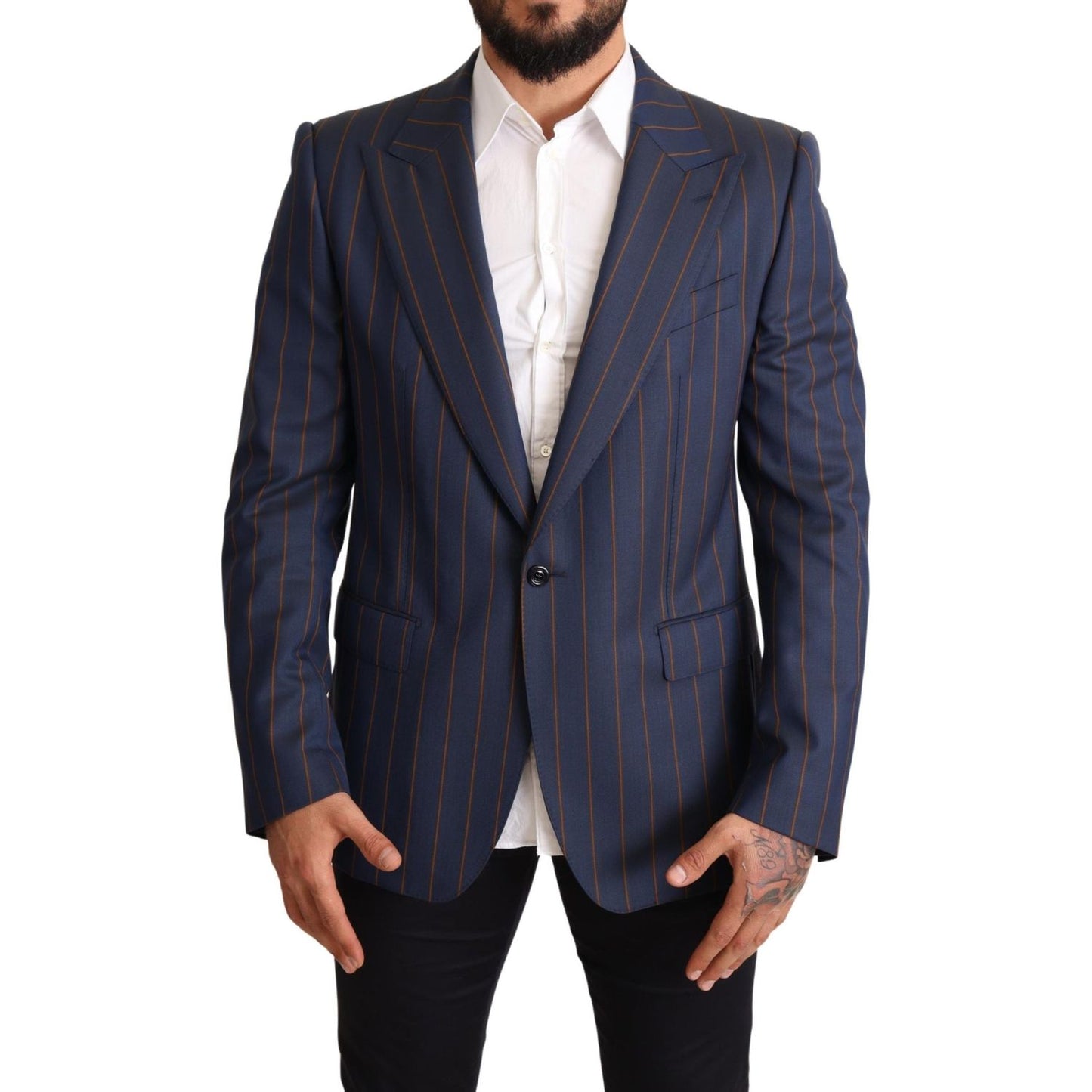 Dolce & Gabbana Blue Striped Wool Slim Fit Blazer Jacket
