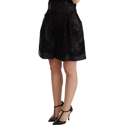 Dolce & Gabbana Black Floral Brocade High Waist Mini Shorts Shorts