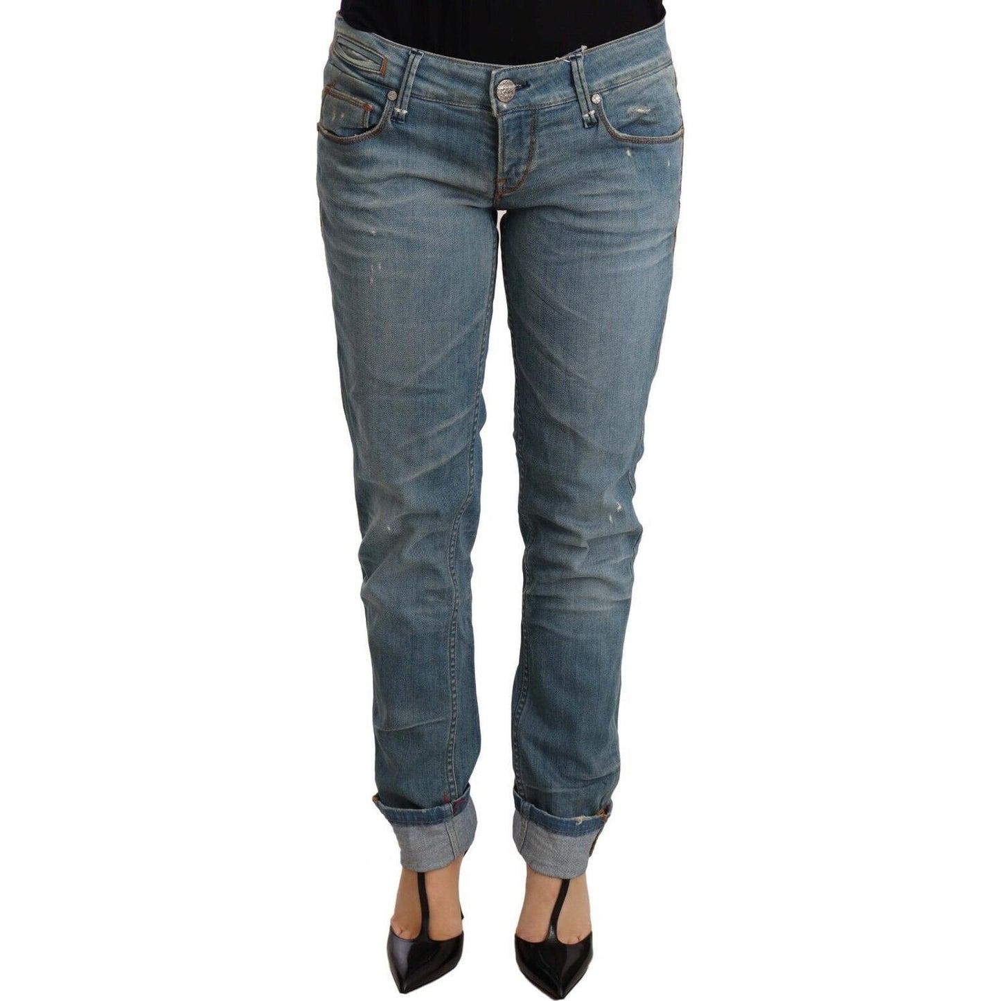 Acht Blue Washed Cotton Folded Hem Women Trouser Jeans & Pants
