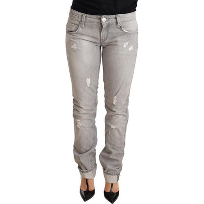 Acht Gray Tattered Cotton Slim Fit Folded Hem Women Denim Jeans Jeans & Pants