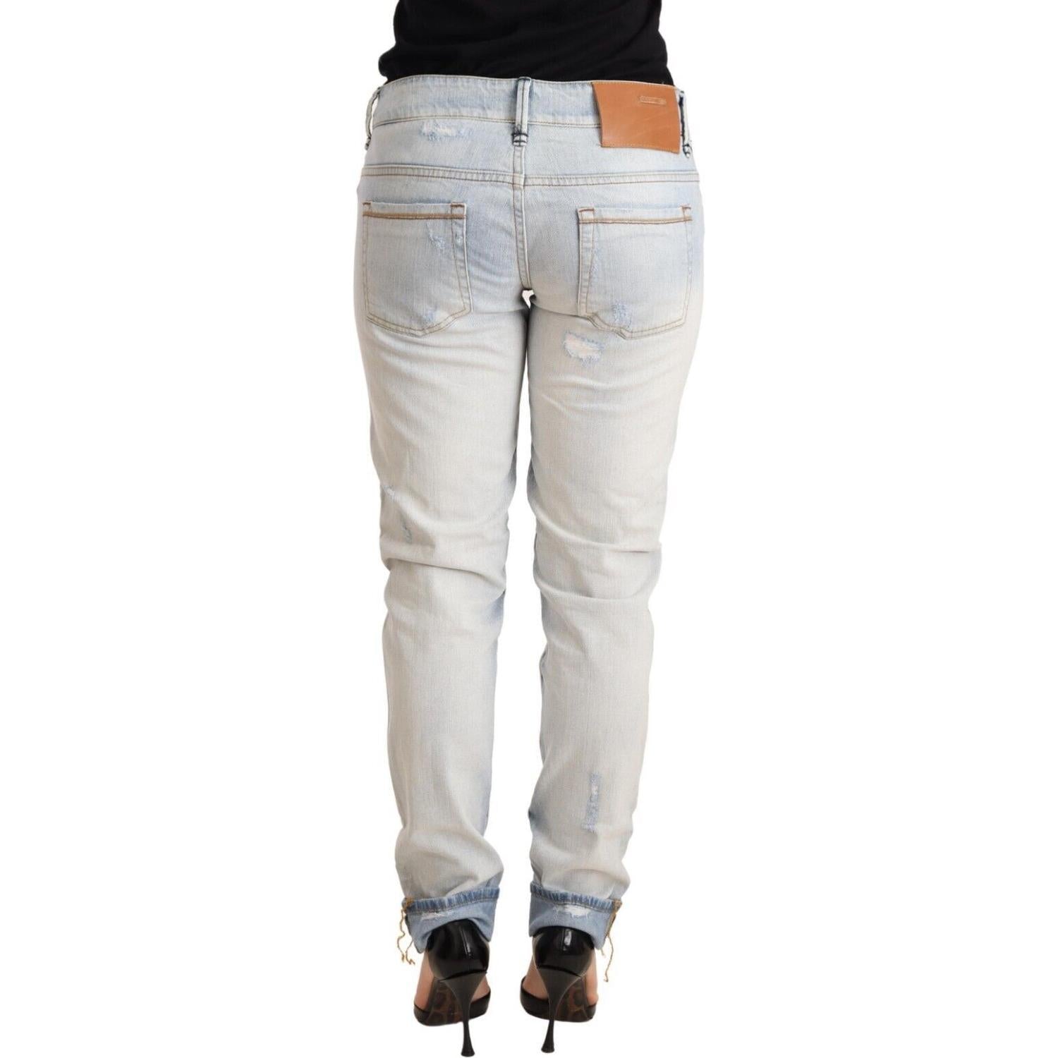 Acht Light Blue Distressed Cotton Folded Hem Denim Trouser Jeans