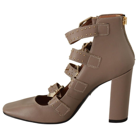 MY TWIN Brown Leather Block Heels Multi Buckle Pumps Shoes LA9394 - 37