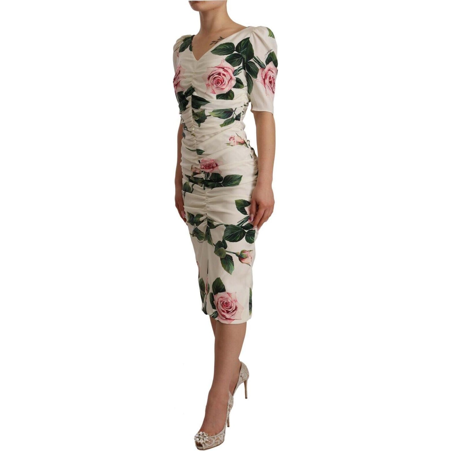 Dolce & Gabbana White Roses Print Stretch Silk Pleated Dress Dress