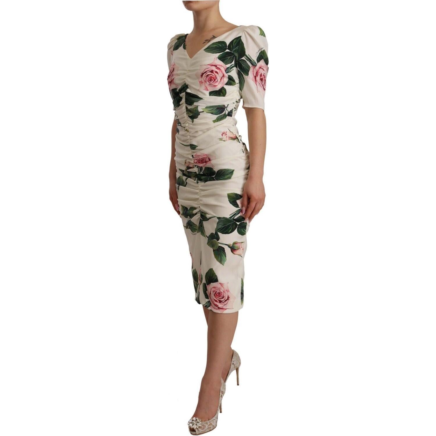 Dolce & Gabbana White Roses Print Stretch Silk Pleated Dress