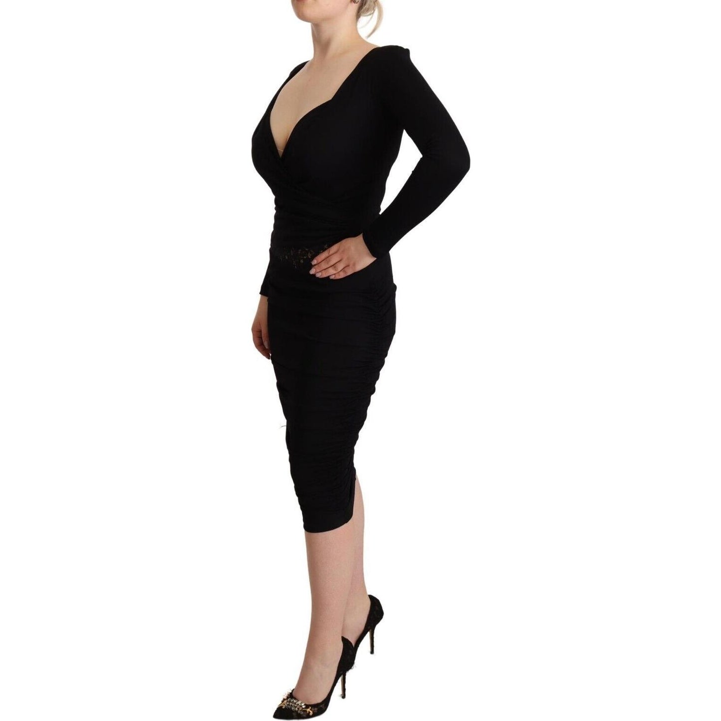 GF Ferre Black Long Sleeves Sweetheart Neck Midi Dress WOMAN DRESSES