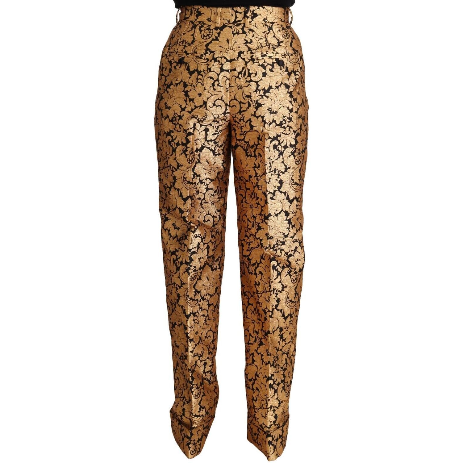 Dolce & Gabbana Gold Floral Jacquard Straight Polyester Pants