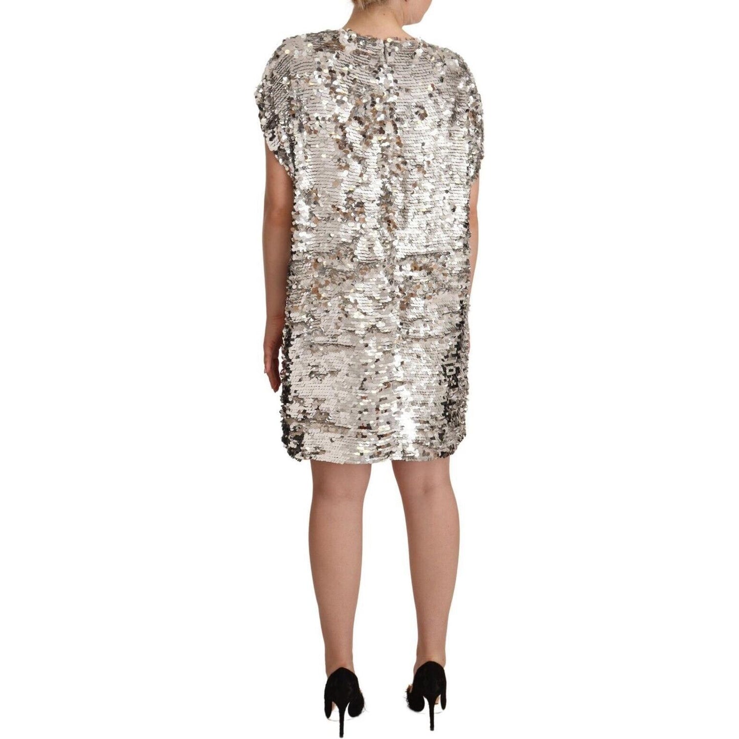 MSGM Silver Sequined Polyester Short Sleeves Shift Mini Dress