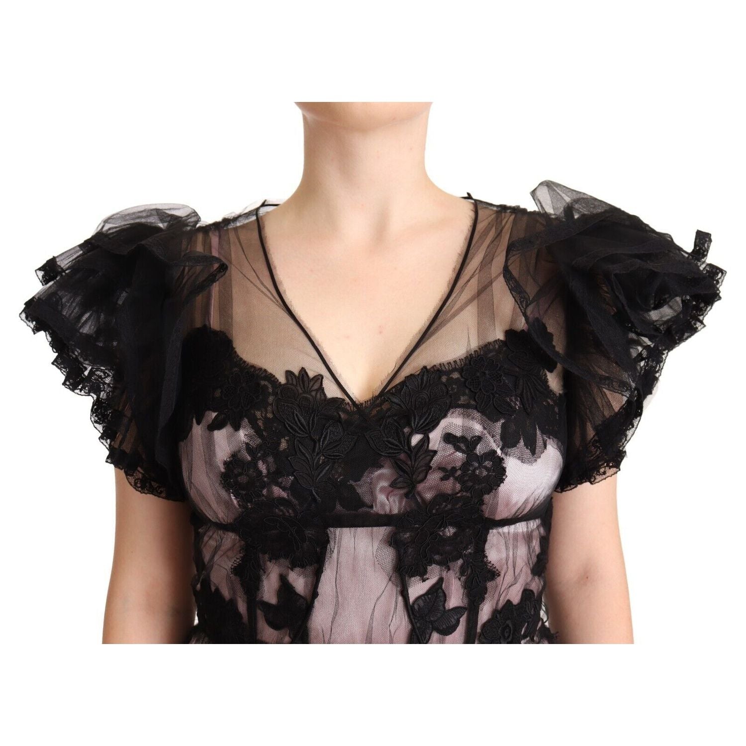 Dolce & Gabbana Black Pink Floral Lace A-line Midi Sheer Dress