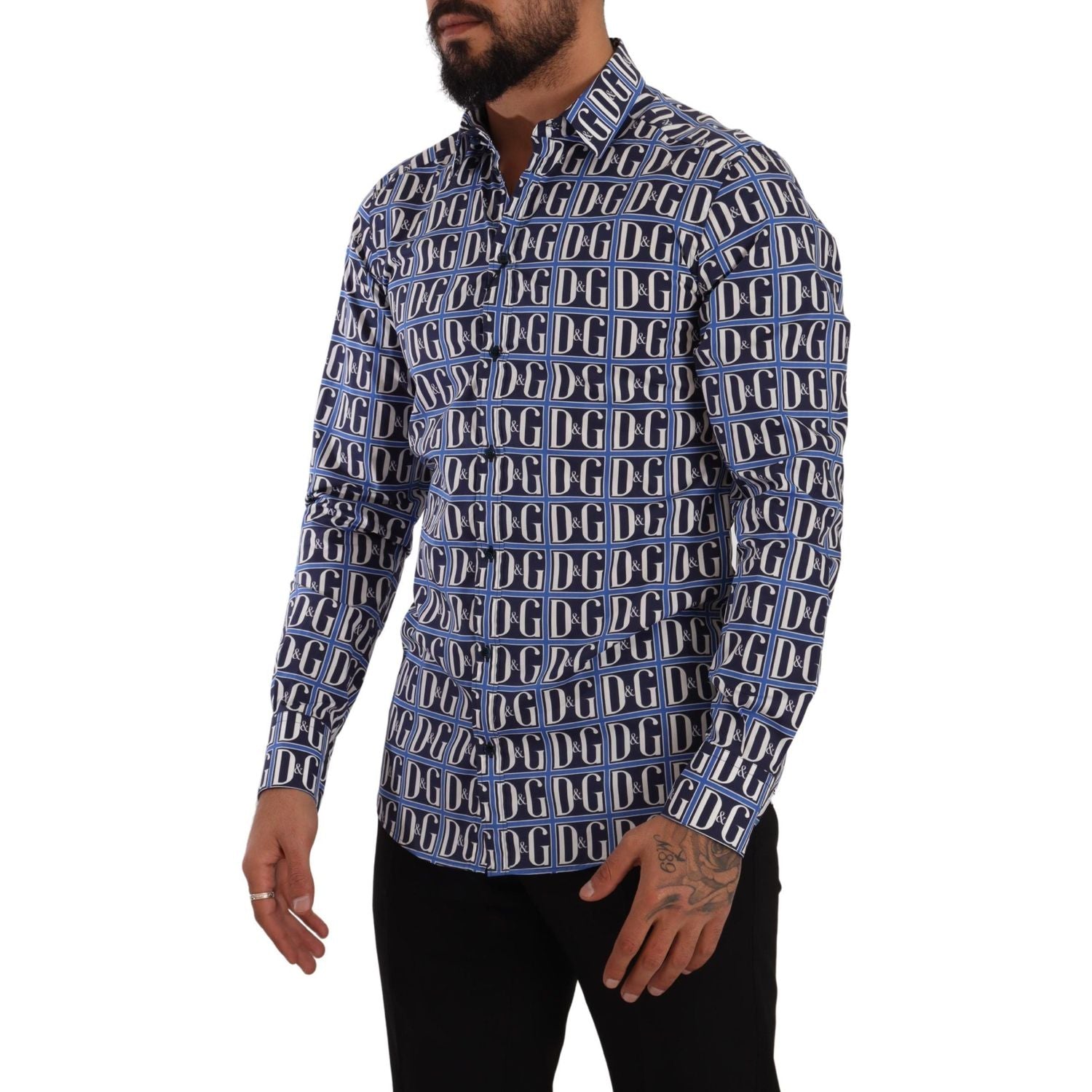 قميص Dolce &amp; Gabbana Slim Fit من القطن بشعار أزرق