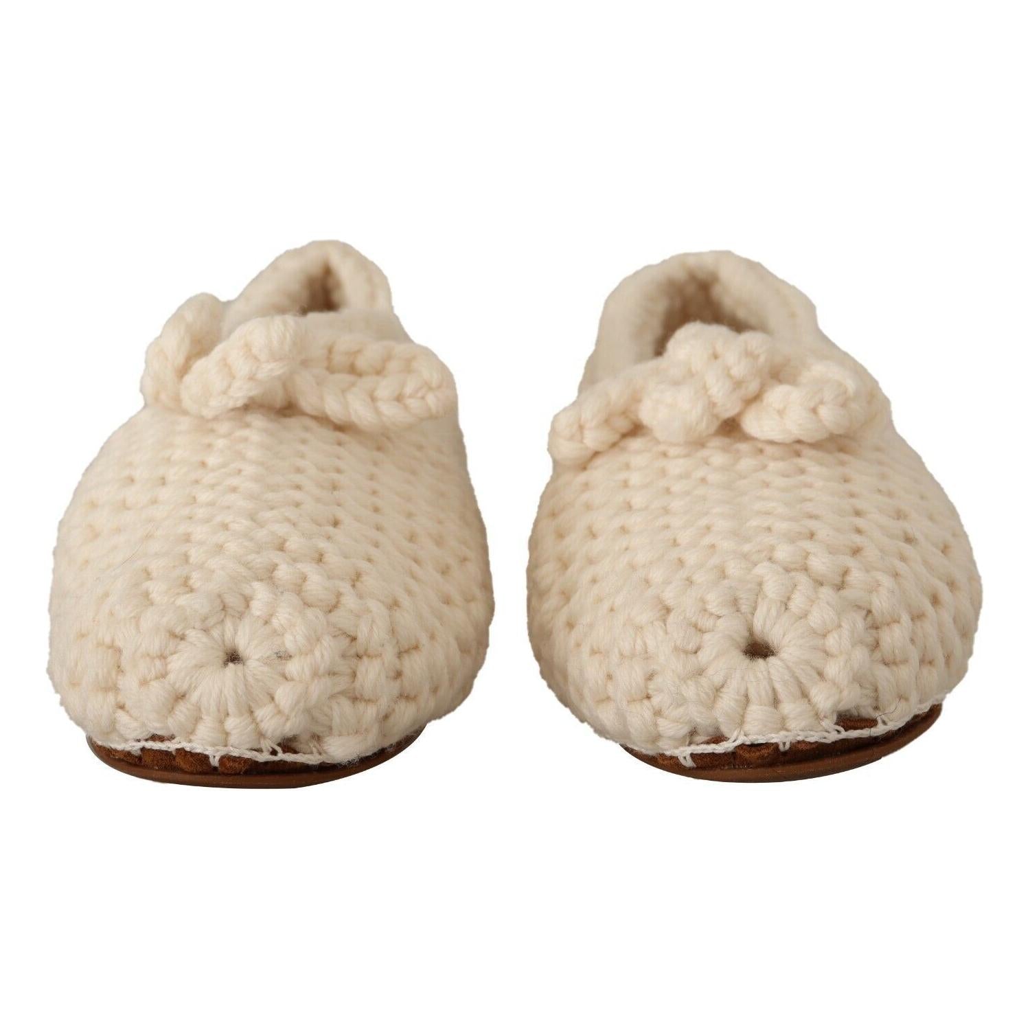 Dolce & Gabbana White Slip On Ballerina Flats Wool Knit Shoes