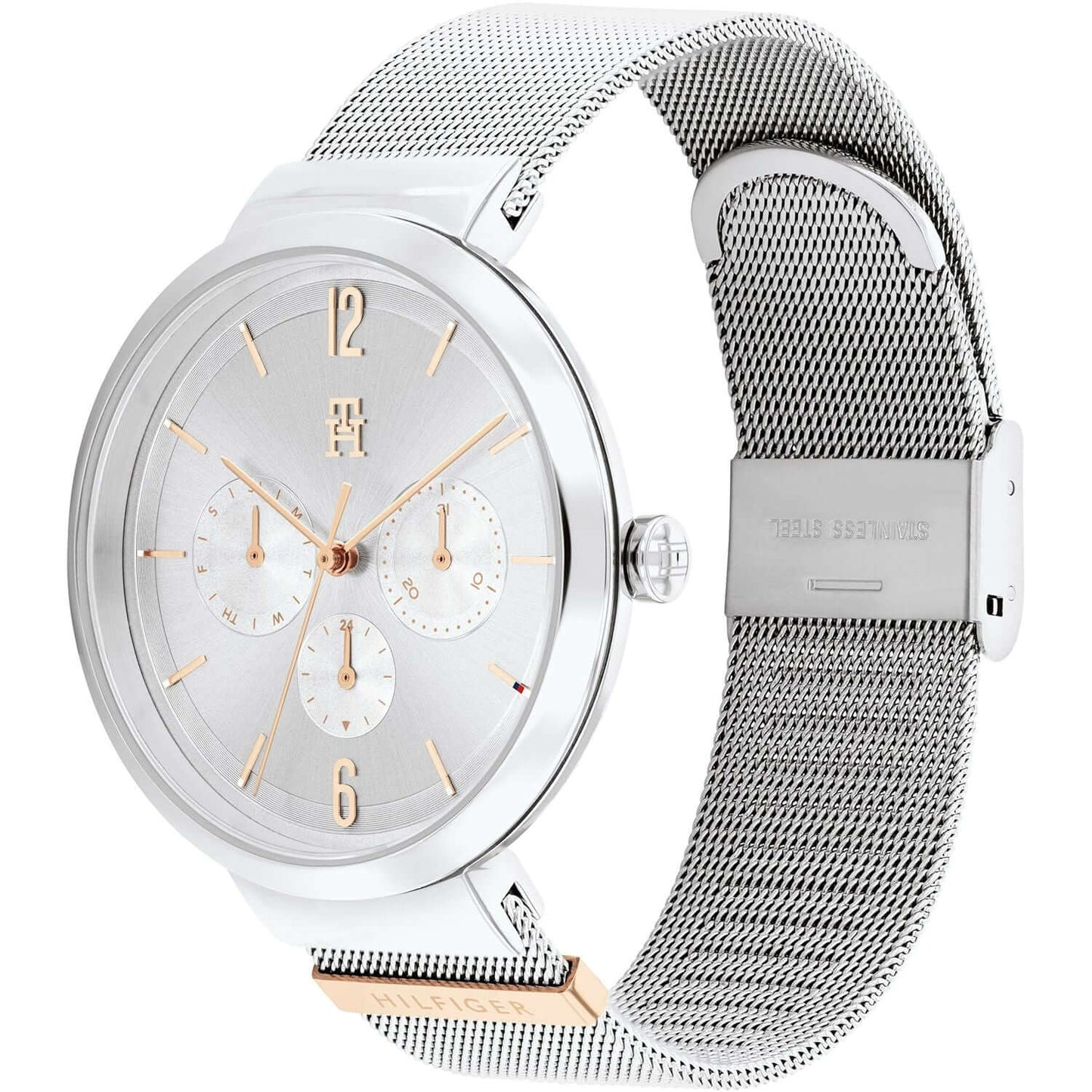 TOMMY HILFIGER Mod. 1782537 ladies quartz analog watch with 40mm case, mineral dial, silver bracelet, and official packaging.