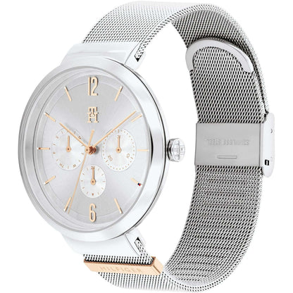 TOMMY HILFIGER Mod. 1782537 ladies quartz analog watch with 40mm case, mineral dial, silver bracelet, and official packaging.