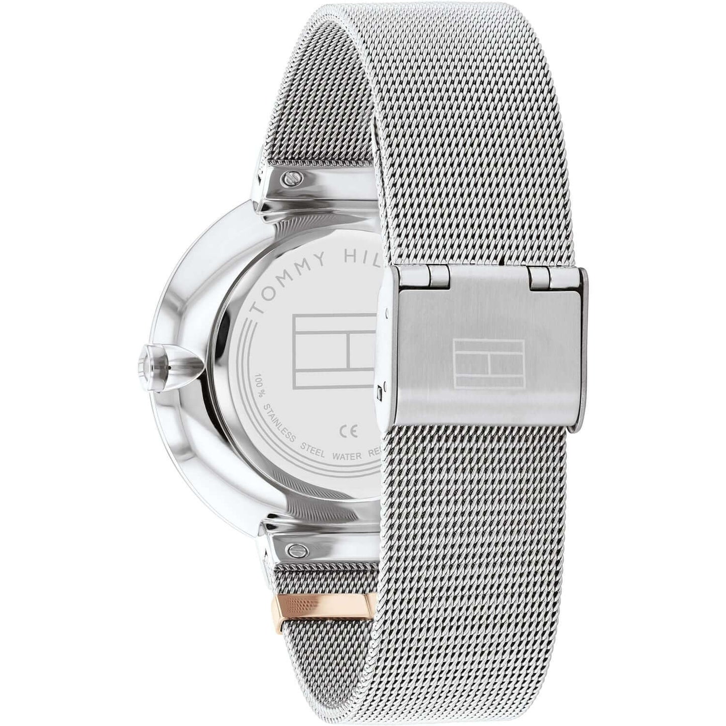 Back view of TOMMY HILFIGER Mod. 1782537 lady's quartz analog watch with mesh bracelet and official logo engravings.