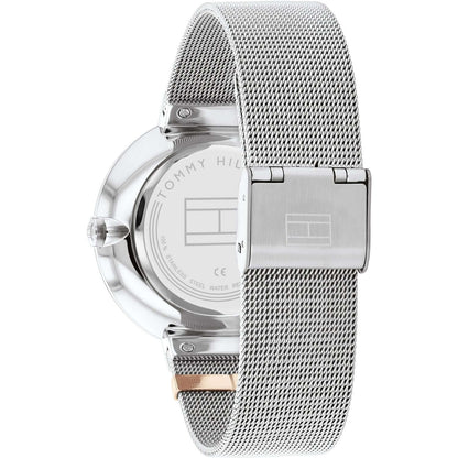 Back view of TOMMY HILFIGER Mod. 1782537 lady's quartz analog watch with mesh bracelet and official logo engravings.