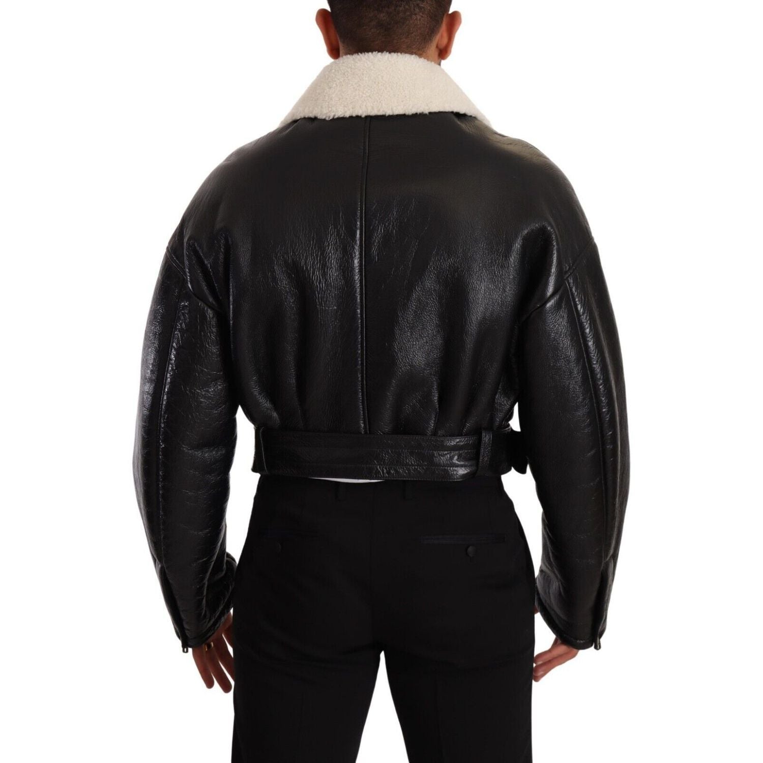 Dolce & Gabbana Black Leather Shearling Biker Coat Jacket