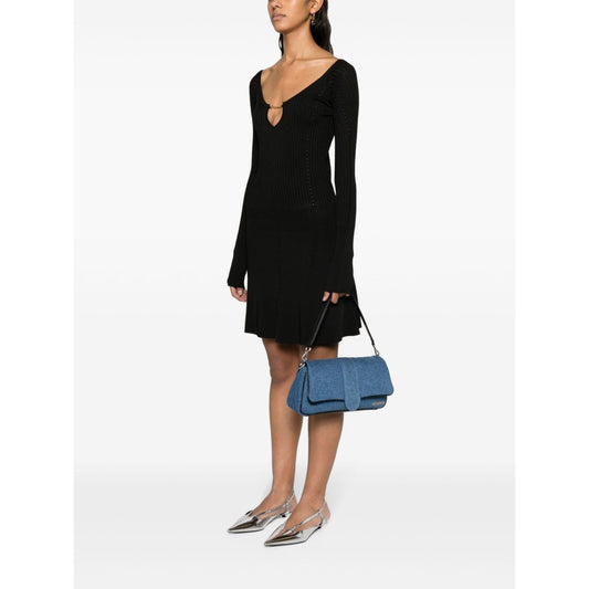 JACQUEMUS Dresses Black mini robe with ribbed knit, flared skirt, wide neck, and scallop hem, shown on model with blue handbag.