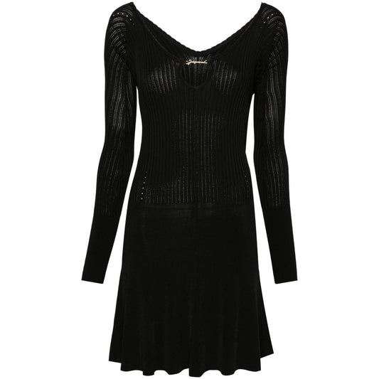 JACQUEMUS Dresses Black ribbed knit flared skirt dress with gold-tone logo plaque and scallop hem.