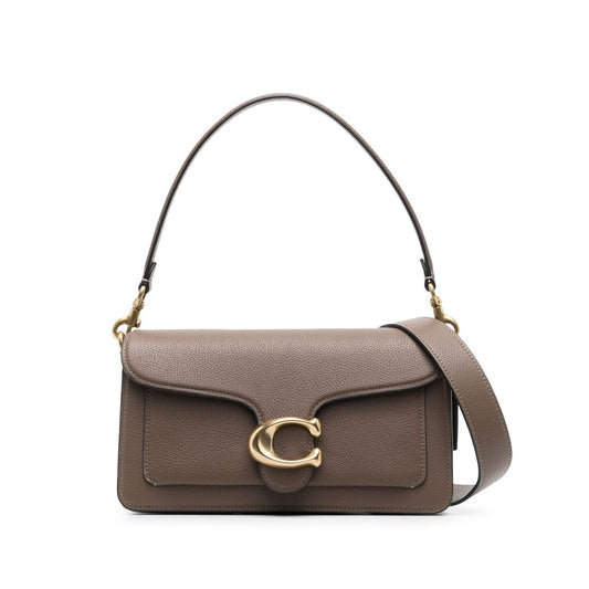 Coach Tabby 26 leather shoulder bag with zip, removable handle, adjustable strap, featuring brown leather and gold clasp.