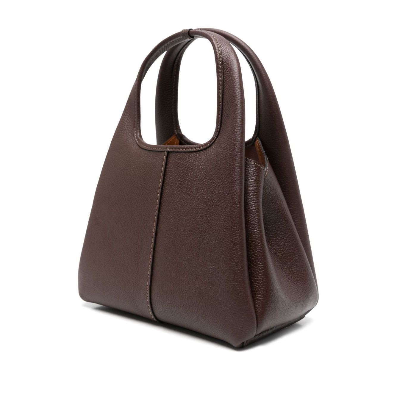 Coach Lana 25 leather crossbody bag in coffee brown with open top, two top handles, and detachable strap, shown with angled view.