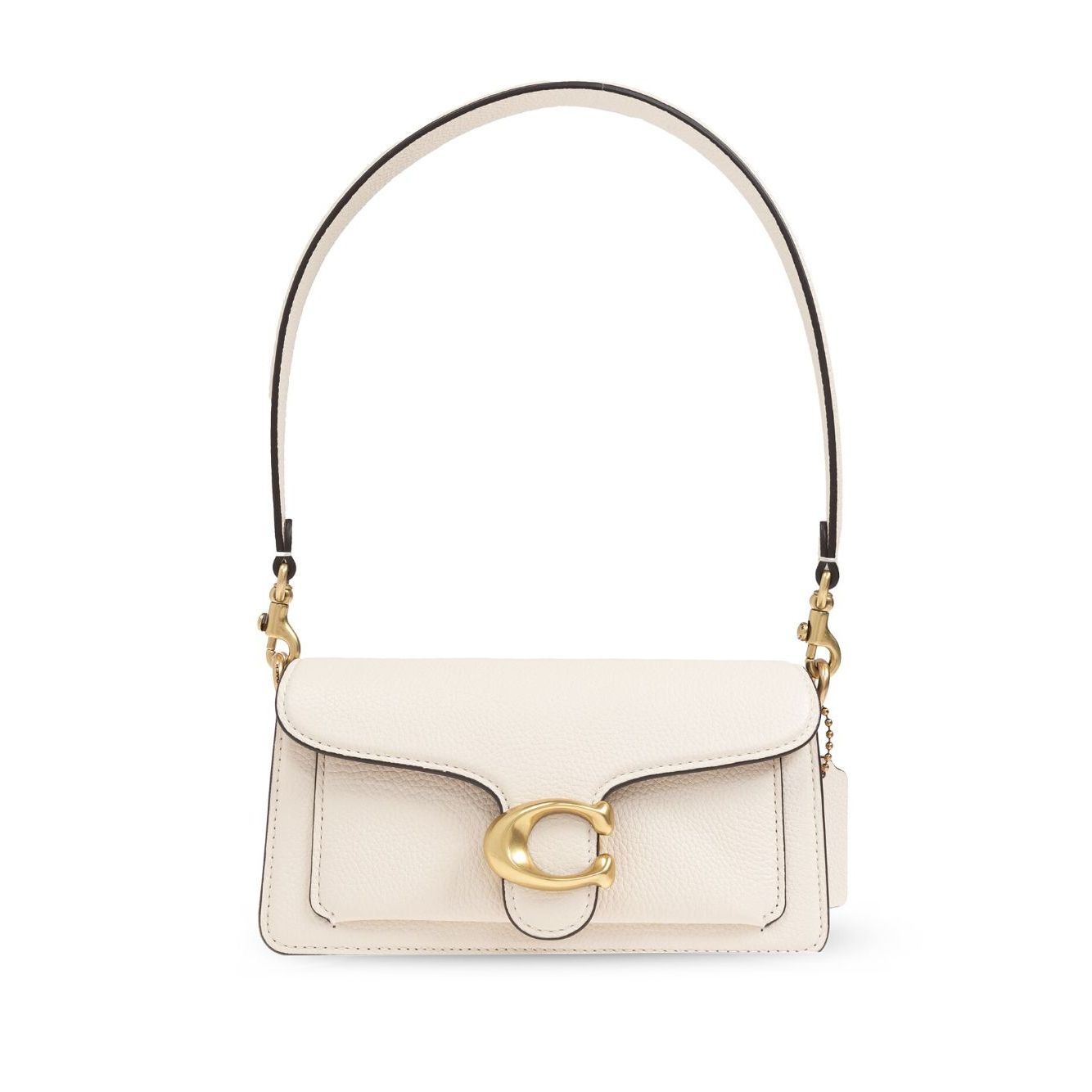 Coach Tabby 20 leather crossbody bag with multifunctional pockets, snap closure, fabric lining, and removable strap.