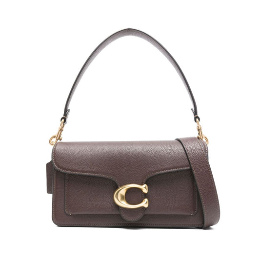 Alt Tag: Coach Tabby 26 leather shoulder bag in earth brown with pebbled texture and gold logo. Features detachable strap, rear slip pocket.