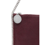 Stella McCartney Falabella clutch in amaranth purple with chain-link strap and logo pendant.