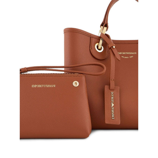 Emporio Armani MyEA small shopping bag in brown with magnetic fastening, two top handles, detachable shoulder strap, and removable pouch.