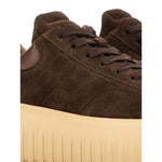 Close-up of Hogan Pre Sneakers Hogan H-Stripes in brown suede with lace-up fastening and textured sole