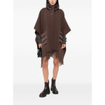 Herno Jackets Brown fringed wool poncho with quilted pockets, high neck, drawstring detail, and fringe trim, 105 cm length.