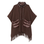 Herno Jackets Brown quilted poncho with fringe trim, high neck, drawstring detail, and pockets, 105cm length