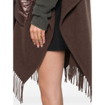 Herno Jackets Brown - Brown fringed wool poncho with quilted pockets and high neck, featuring drawstring detail and fringe trim. Length: 105cm.