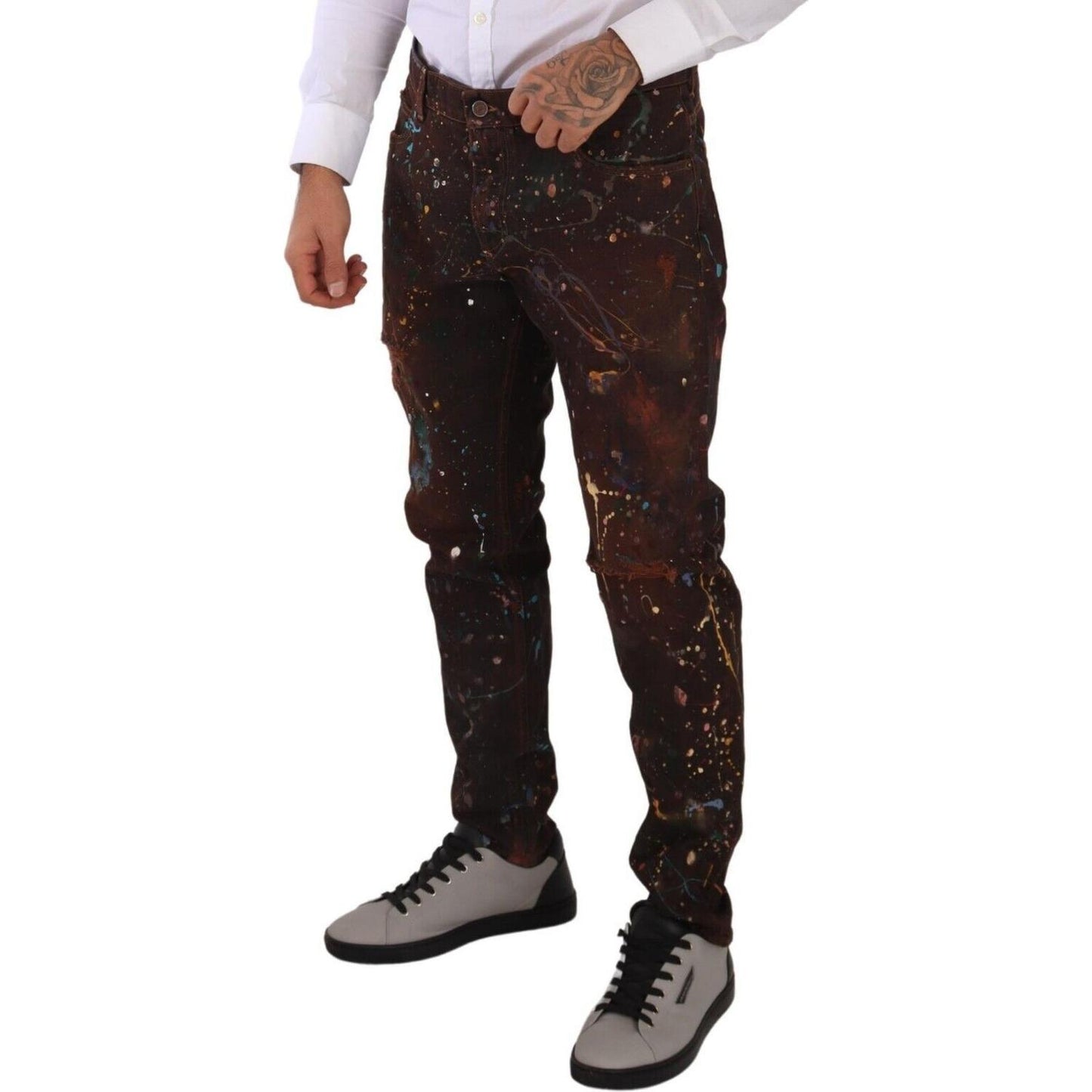 Dolce & Gabbana Brown Splash Color Cotton Regular Denim Jeans