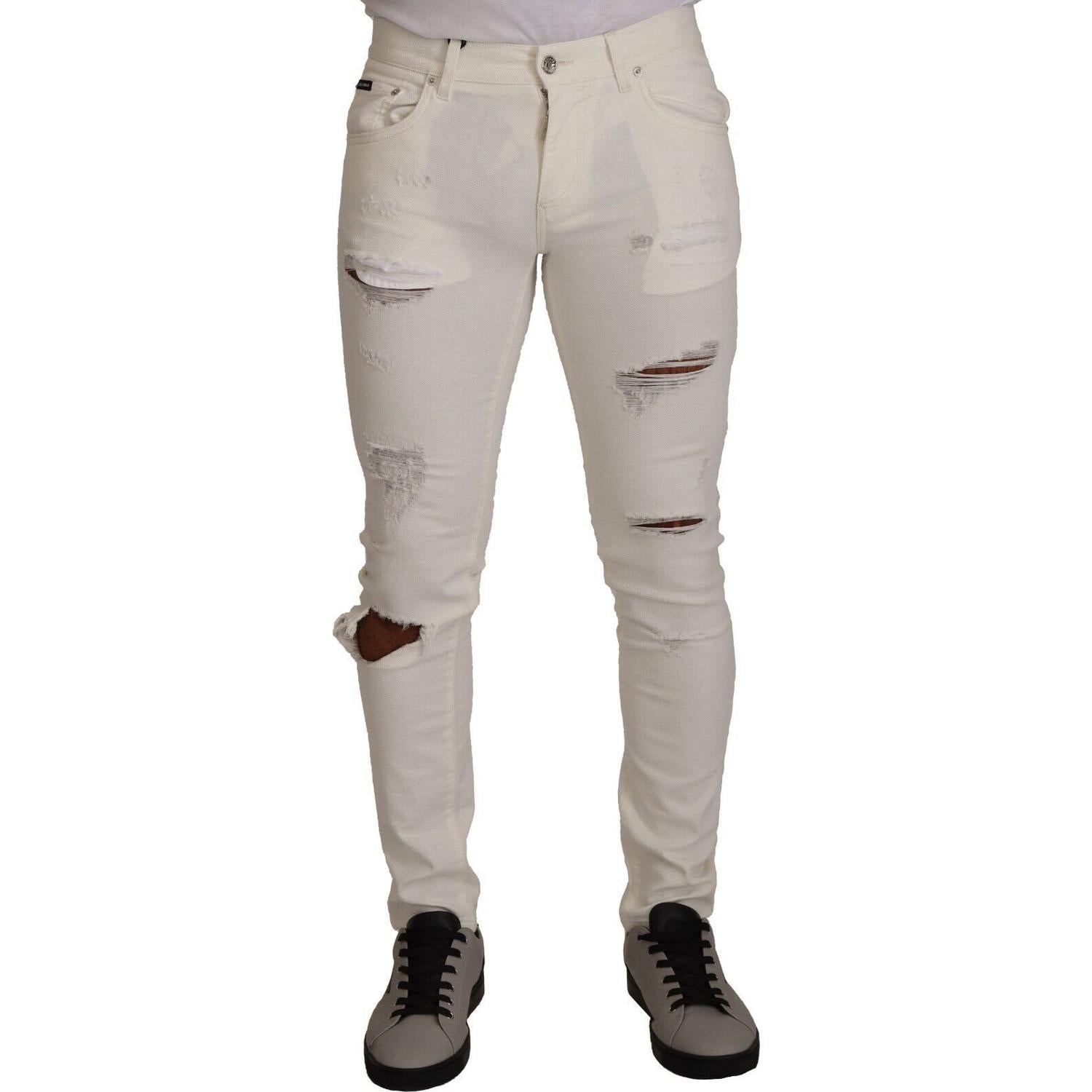 Dolce & Gabbana White Tattered Skinny Cotton Men Denim Jeans