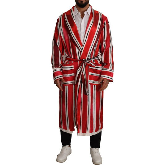 Dolce & Gabbana Red White Striped Silk Mens Night Gown Robe