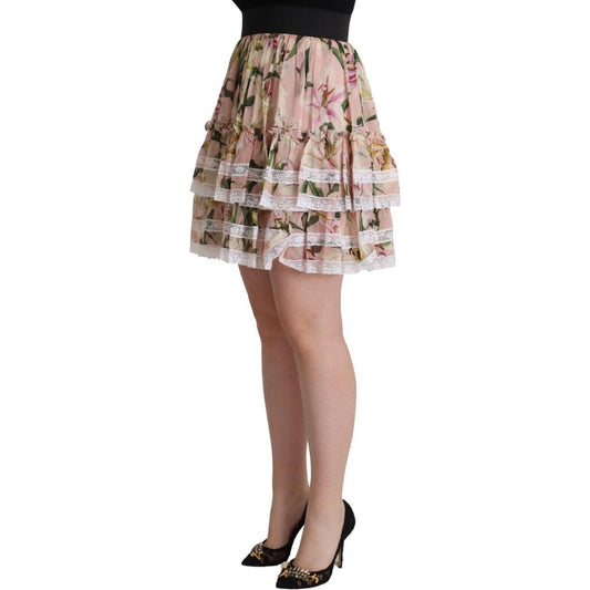 Dolce & Gabbana Pink Lily Print Silk Mini Tiered A-line Skirt SKI1886 - 42