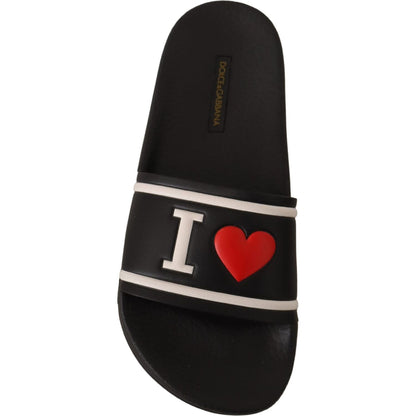 Dolce & Gabbana Black Leather I Love D&G Slides Sandals