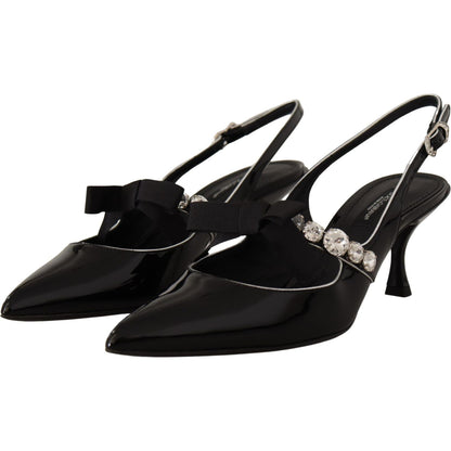 Dolce & Gabbana Black Patent Leather Crystal Slingbacks Shoes