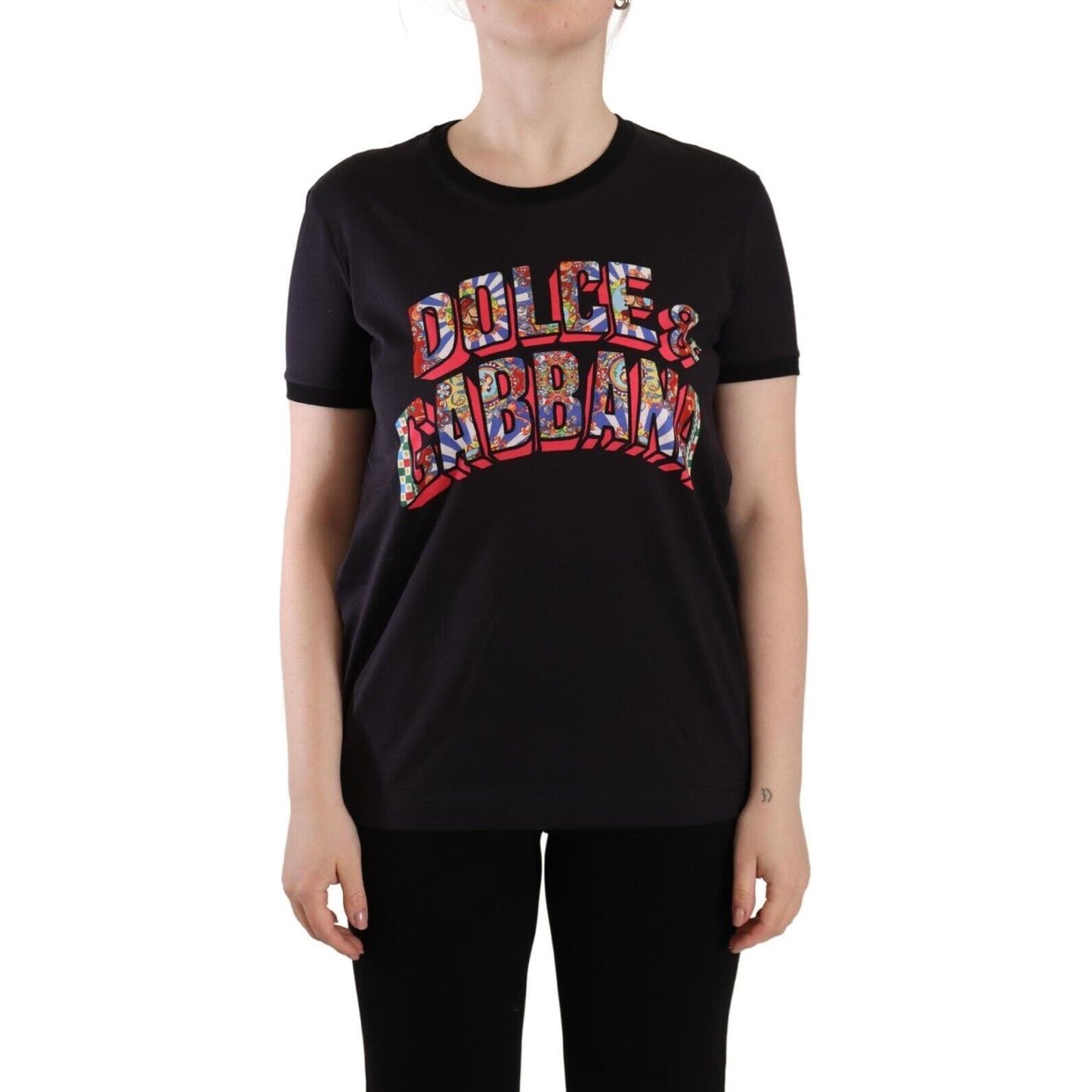 Dolce & Gabbana Black Logo Print Cotton Crew Neck Tee T-shirt