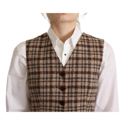 Dolce & Gabbana Brown Checkered Leopard V-neck Sleeveless Vest Top