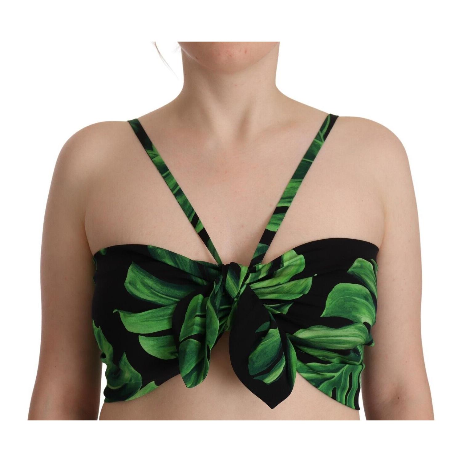 Dolce & Gabbana Black Green Leaf Silk Halter Cropped Top