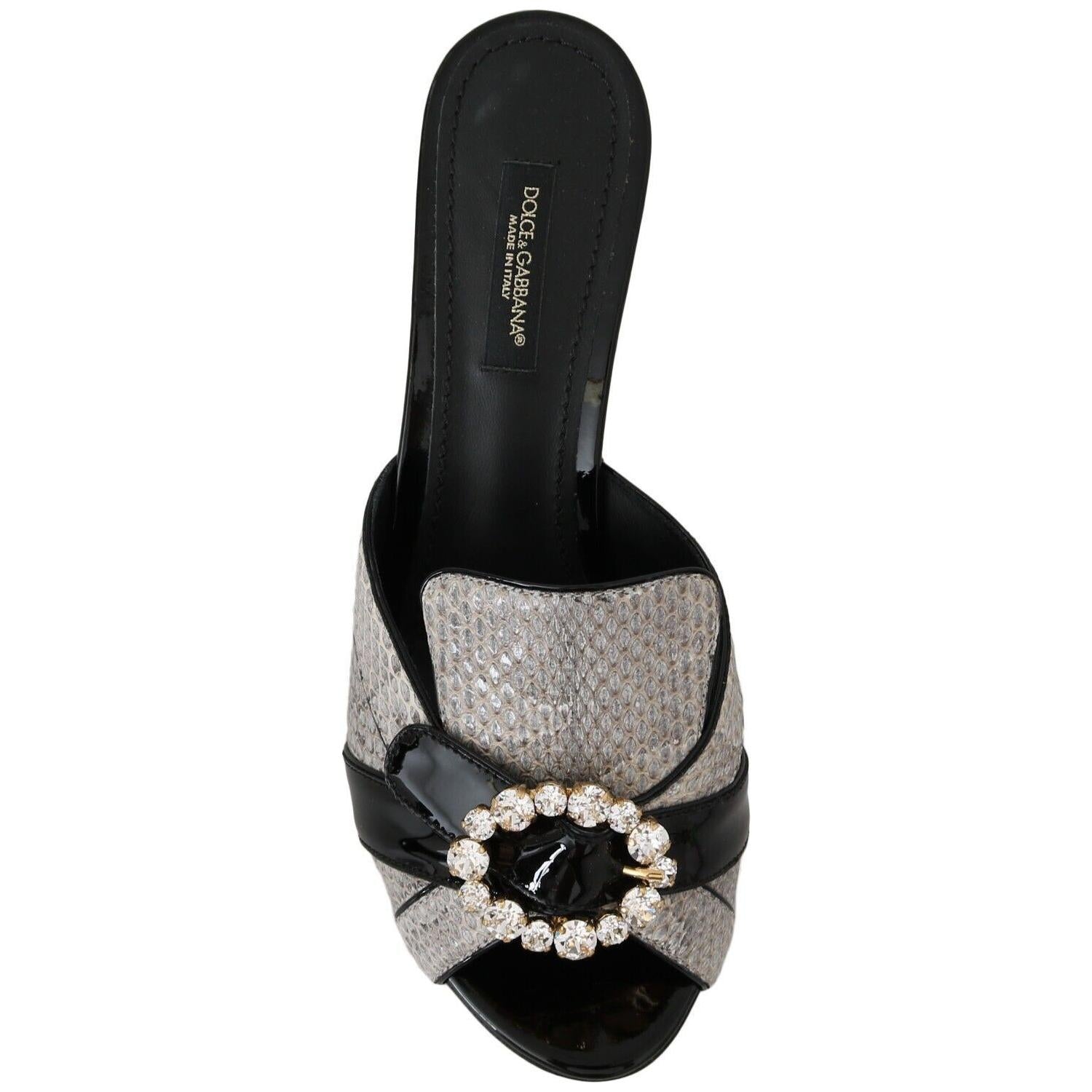 Dolce & Gabbana Black Gray Exotic Leather Crystals Sandals Shoes