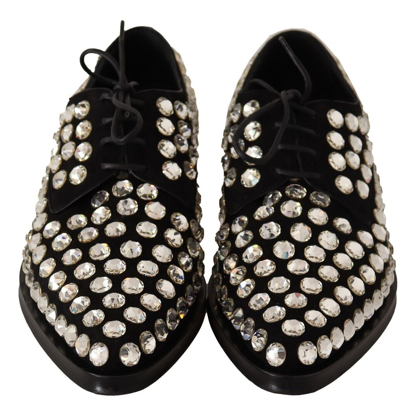Dolce & Gabbana Black Leather Crystals Lace Up Formal Shoes