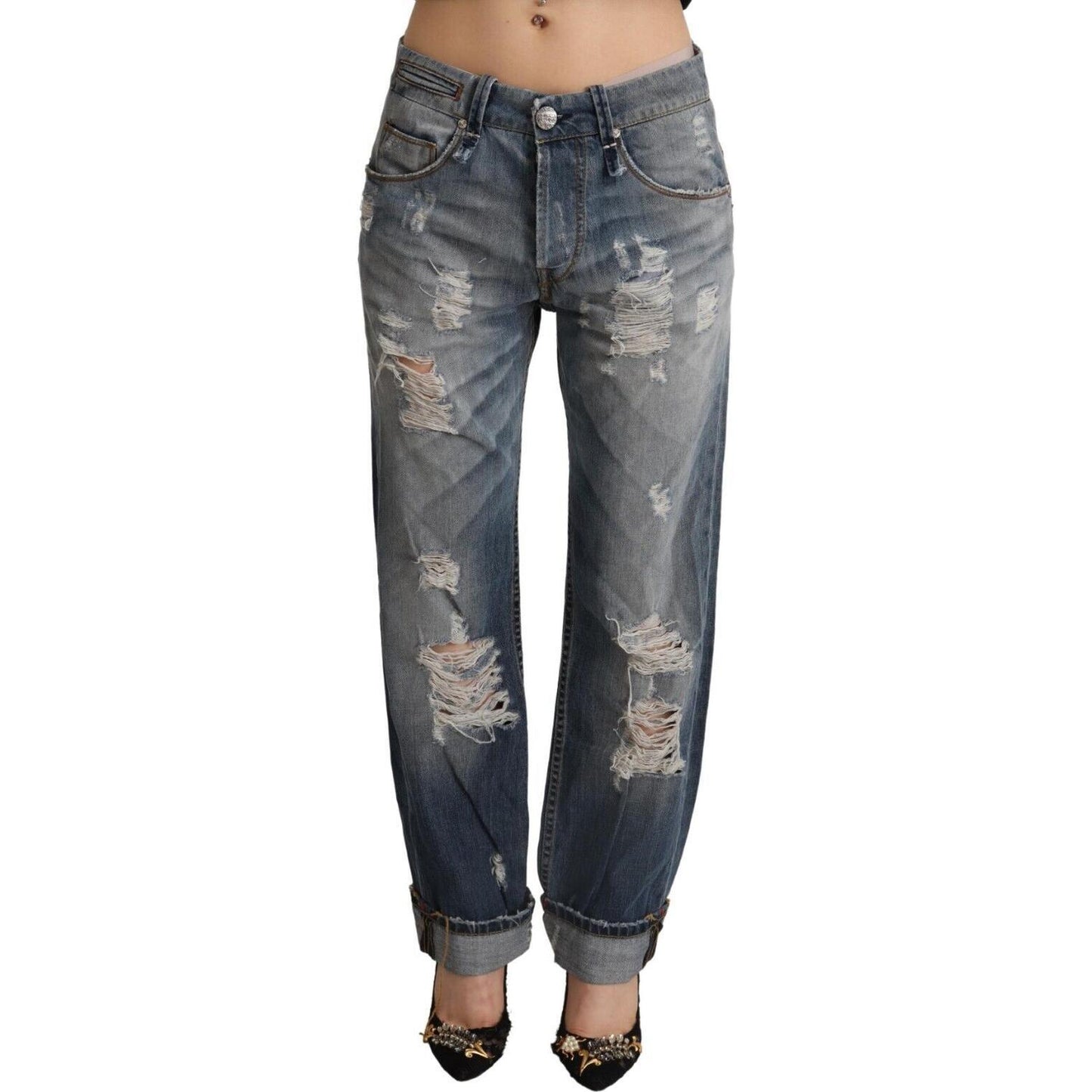 Acht Blue Tattered Mid Waist Straight Denim Cotton Jeans