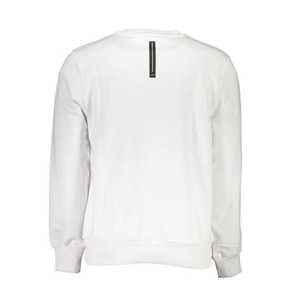 Back view of Cavalli Class White Cotton Men Sweater showcasing long sleeves and stylish design.