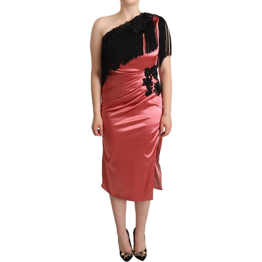 Dolce & Gabbana Pink One-Shoulder Silk Tassel Fringe Gown Mid Dress DR28294 - 42
