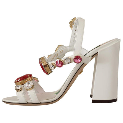 Dolce & Gabbana White Leather Crystal Keira Heels Sandals Shoes