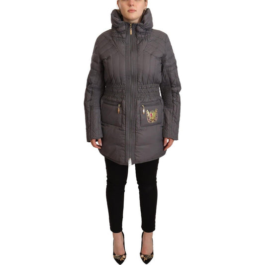 Roccobarocco Gray Quilted Long Sleeves Logo Patch Full Zip Jacket